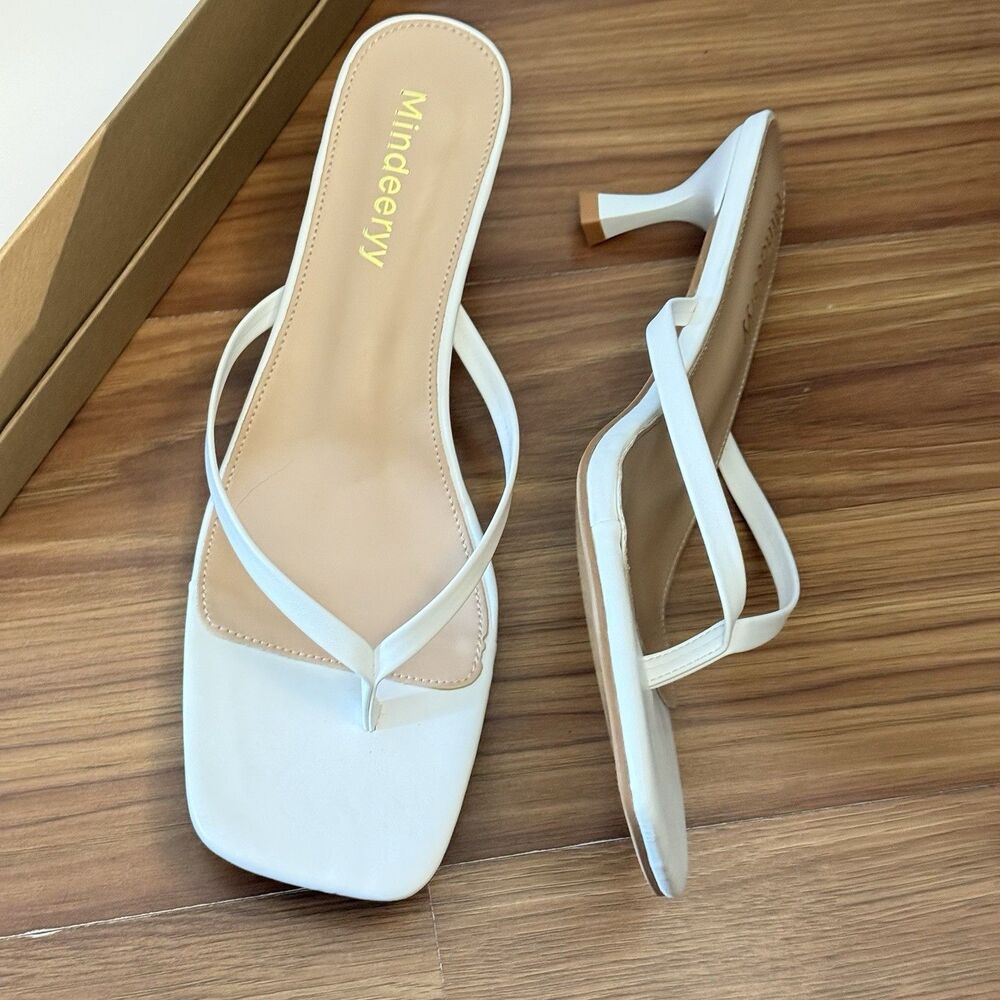 Women's Kitten Heels Flip Flops Square Toe Size 11 Slip On Thong Sandals White - Picture 8 of 16